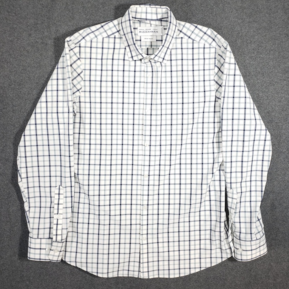 Mizzen and Main Leeward Dress‎ Shirt Men Medium White Trim Fit Blue Check